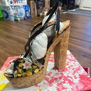 Navy with flowers heeled shoes